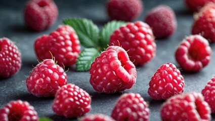 Canvas Print - Fresh Raspberries Arrangement on Dark Surface with Selective Focus and Green Leaves for Culinary or Lifestyle Use