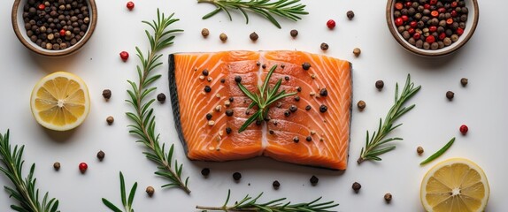 Canvas Print - Fresh Salmon Steak Surrounded By Peppercorns Rosemary And Lemon Slices On White Background With Space For Text Or Recipe Ideas