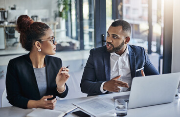 Aufkleber - Teamwork, laptop and performance review with business people in office for project management or discussion. Meeting, documents and idea with man, woman together or workplace for B2B collaboration