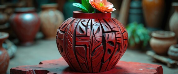 Sticker - Reddish wooden flower vase intricately carved from Idigbo wood with faux flower arrangement showcasing craftsmanship and artistic design.