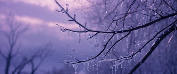 Wall Mural - Icy winter branches adorned with frozen droplets against a soft purple sky create a serene, tranquil landscape.