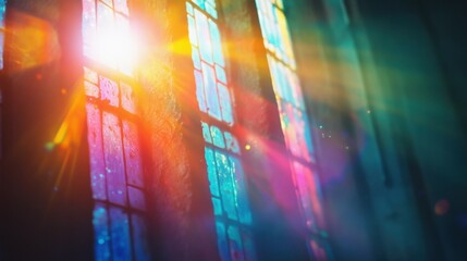 Poster - Distressed background. Colorful lens flare. Blue weathered faded stained glass with dust scratches texture smeared dirt blur rainbow light effect