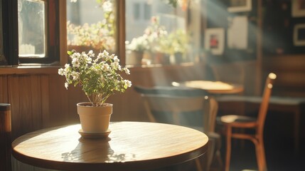 Poster - A cozy cafe interior featuring a small potted plant on a wooden table with warm sunlight streaming in.