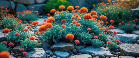 Wall Mural - Vibrant Sedum Plants Flourishing Amidst Stones in a Serene Garden Landscape