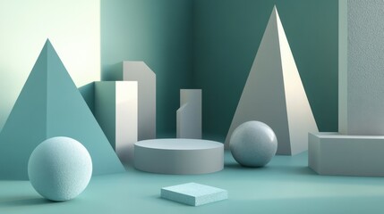 Poster - A minimalist abstract scene featuring geometric shapes in pastel colors.