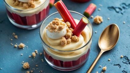 Canvas Print - Homemade rhubarb and vanilla custard dessert in glass with crumb topping on blue background perfect for culinary and food photography.