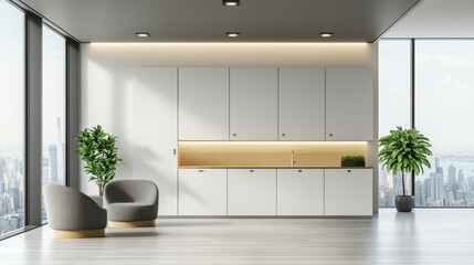 Poster - Modern office breakroom with city view, minimalist design, sleek white cabinetry, recessed lighting, potted plants, and comfortable seating.