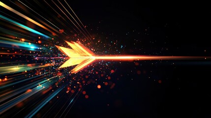 Fototapete - A vibrant arrow composed of luminous light beams, aimed directly at the center against a black backdrop, creates an elegant and dynamic shape that conveys motion and speed.
