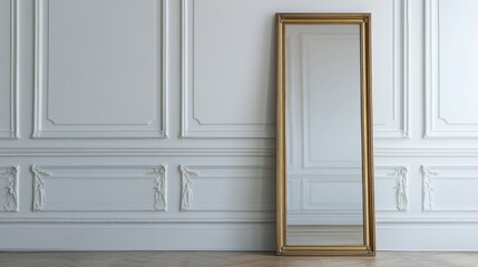 Poster - A thin, gold-framed, full-length mirror stands on the floor in front of a white wall with a fireplace.