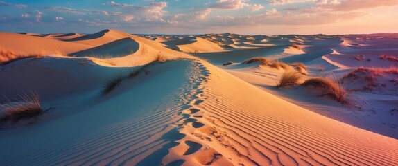 Wall Mural - Serene desert landscape showcasing undulating sand dunes and trails under a vibrant sky at sunset reflecting nature's beauty and tranquility.