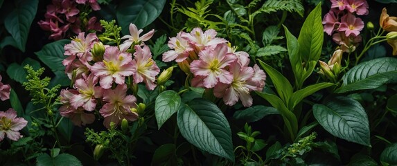 Wall Mural - Delicate Pink Flowers Surrounded by Lush Green Leaves Creating a Vibrant Natural Background