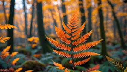 Wall Mural - Vibrant orange fern leaf amidst a serene forest landscape with autumn foliage creating a picturesque seasonal atmosphere