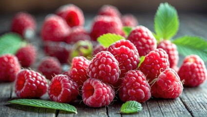 Wall Mural - Vibrant fresh raspberries with green leaves displayed on rustic wooden background showcasing seasonal fruits and natural beauty