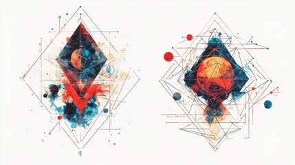 Poster - Sacred Geometry Patterns, intricate shapes representing balance and harmony, watercolor design, isolated on white, ideal for creative projects and digital applications