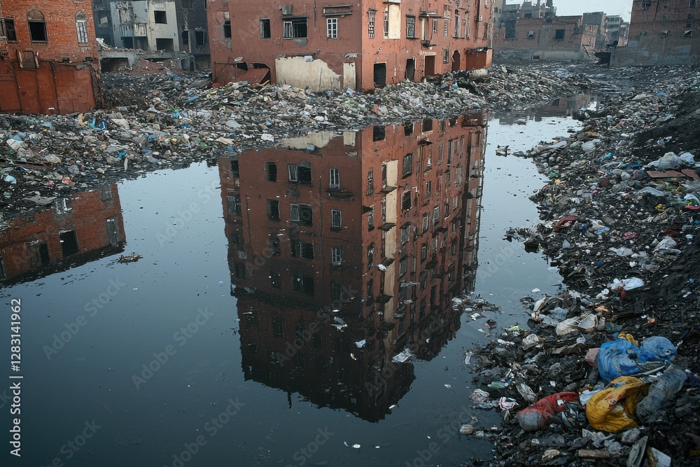 Reflection of dilapidated building in polluted river filled with ...
