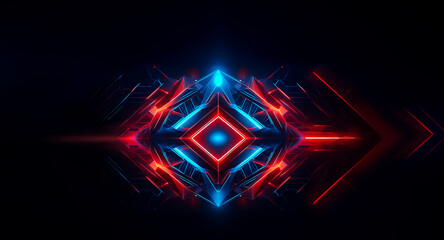 Poster - Abstract symmetrical geometric design with vibrant red and blue neon lights against a dark backdrop. Glowing lines create a futuristic and dynamic visual element.