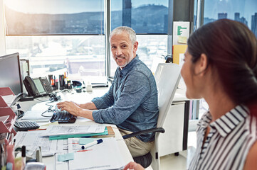 Poster - Man, woman and computer with smile in office, startup and typing with paperwork for admin at media company. People, pc and project management for review, feedback and discussion at creative agency