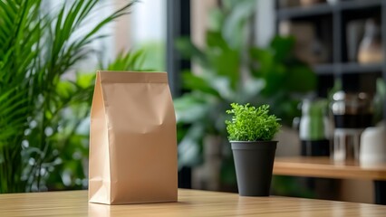 Sticker - A plain paper bag stands on a wooden table beside a small potted plant, with greenery in the background. Concept Paper Bag Design, Wooden Table Aesthetics, Potted Plant Display