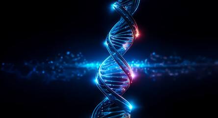 Poster - A luminous DNA double helix in vibrant blue and red hues against a dark background. A representation of genetic science and technological advancement.