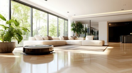 Poster - A modern, sunlit living room features a robotic vacuum cleaner autonomously cleaning polished wooden floors, with a large sectional sofa, potted plants