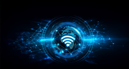 Poster - A glowing blue digital globe with a prominent wifi symbol is surrounded by interconnected network lines and nodes against a dark background.