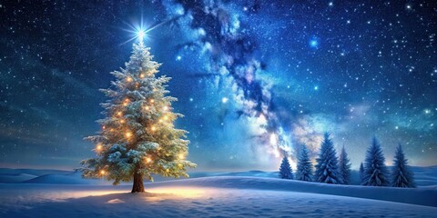 Wall Mural - frosty christmas tree under snowy night sky with twinkling lights and starry constellations , winter