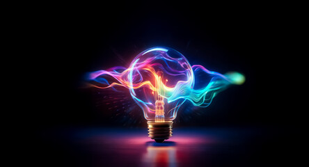 Poster - vibrant lightbulb emits colorful energy waves in a dark space. bright, glowing, and dynamic, it symb