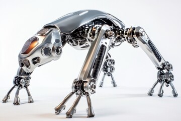 Poster - A detailed, futuristic, metallic robot stands against a bright white background, showcasing intricate engineering and design, with a sleek, chrome-like finish.