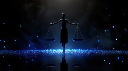 Poster - A silhouetted figure of a woman holding a balance scale is centered against a dark background illuminated with scattered blue lights, creating a symbolic representation of justice or equilibrium