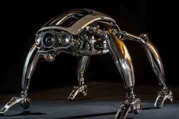 Poster - Futuristic, chrome spider-like robot stands against a stark black background, highlighting its intricate design and advanced engineering, showing a blend of technology and art.