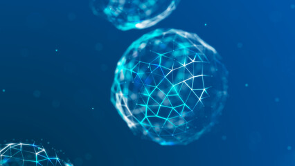 Leinwandbilder - Abstract 3D illustration with cells of viruses, bacteria on dark background. Background with dots and lines. 3D