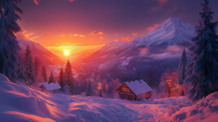 Breathtaking view of sunset in Zakopane Tatras mountains with stars beginning to appear