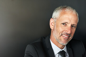 Aufkleber - Portrait, employee and mature man in studio, smile and corporate professional on gray background. Face, person and model with happiness, mockup space and business owner with pride, joyful and success