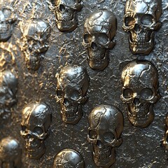 Poster - A textured background featuring multiple metal skulls, creating a gothic and eerie aesthetic, perfect for Halloween-themed designs and dark fantasy art.