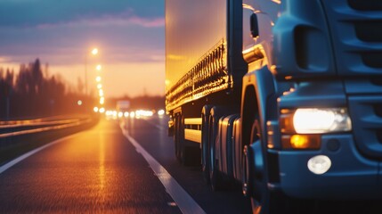 Poster - Truck driving on a highway at sunset with glowing lights on a clear evening. Generative AI