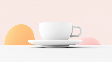 Poster - Elegant White Cup and Saucer Isolated on Clean Surface with Soft Colorful Background Shapes