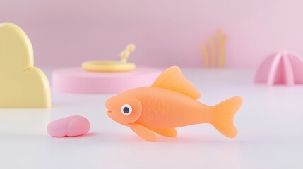 Poster - Bright Orange Goldfish Toy Isolated on Soft Pink Background with Playful Pastel Elements in Minimalistic Arrangement