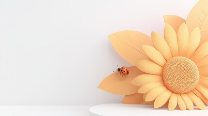Poster - Bright Yellow Sunflower with Ladybug Close-Up on White Background