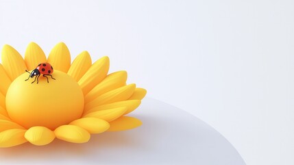 Poster - Bright Yellow Sunflower with Ladybug Close-Up on a Clean Background