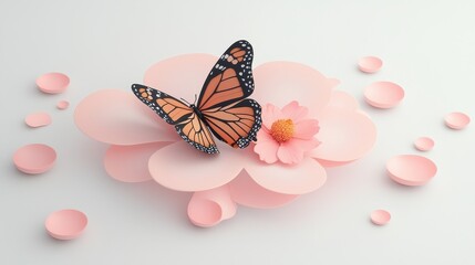 Poster - Close-Up View of a Monarch Butterfly on a Delicate Pink Flower Petal Arrangement