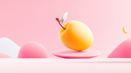 Poster - Juicy Peach on Pink Background with Fuzzy Skin and Colorful Shapes for Vibrant Visual Appeal