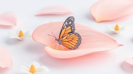 Poster - Close-Up of a Monarch Butterfly Resting on a Soft Pink Flower Petal Surrounded by Delicate Floral Accents