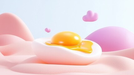 Poster - Soft Boiled Egg with Runny Yolk Resting on Gentle Pastel Background with Abstract Shapes