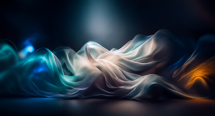 Wall Mural - wavy, flowing smoke-like forms in blue, white, orange shades against a dark backdrop, creating depth