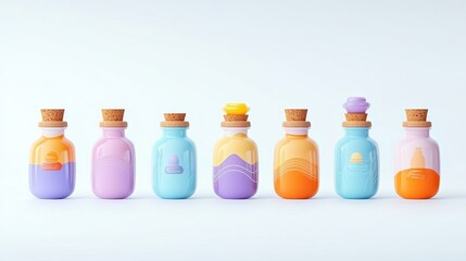 Aufkleber - Colorful Collection of Various Shaped Glass Bottles with Cork Tops on White Background