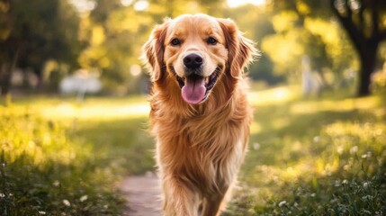 Poster - Happy golden retriever walking on a sunny path in a park during late afternoon. Generative AI