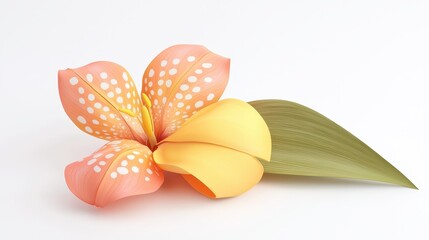 Poster - Unique orange and pink flower with intricate patterns and lush green leaves on white background