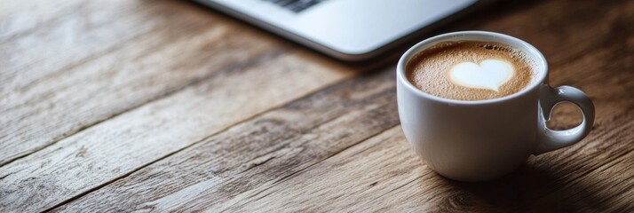 Aufkleber - Warm cup of coffee sits on a wooden table next to a laptop on a cozy afternoon at home or cafe. Generative AI
