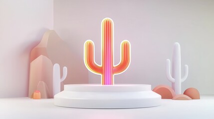 Poster - Neon Light Fixture in Cactus Shape, Minimalist Display with Soft Pastel Background