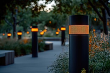 Fototapete - Row of black poles with yellow lights along the way, useful for illustrating nighttime scenes or events